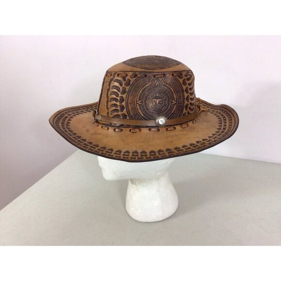 Hand Tooled Leather Cowboy Rancher Hat Western Aztec Style Womens Small - Picture 4 of 8